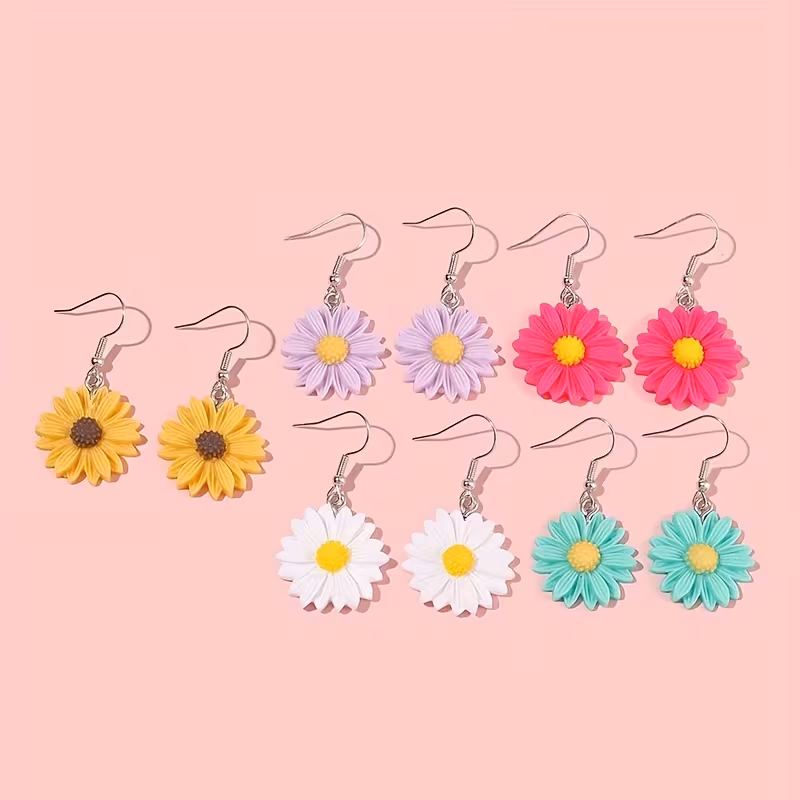 5 Pares de Pendientes Pequeños con Flores en Colores Dulces